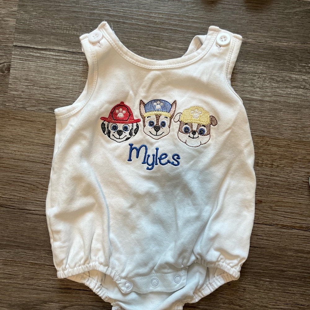 Paw patrol baby bubble with “Myles” monogrammed